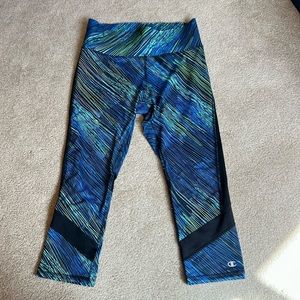 Champion size medium athletic pants, blue/green detailing crop length